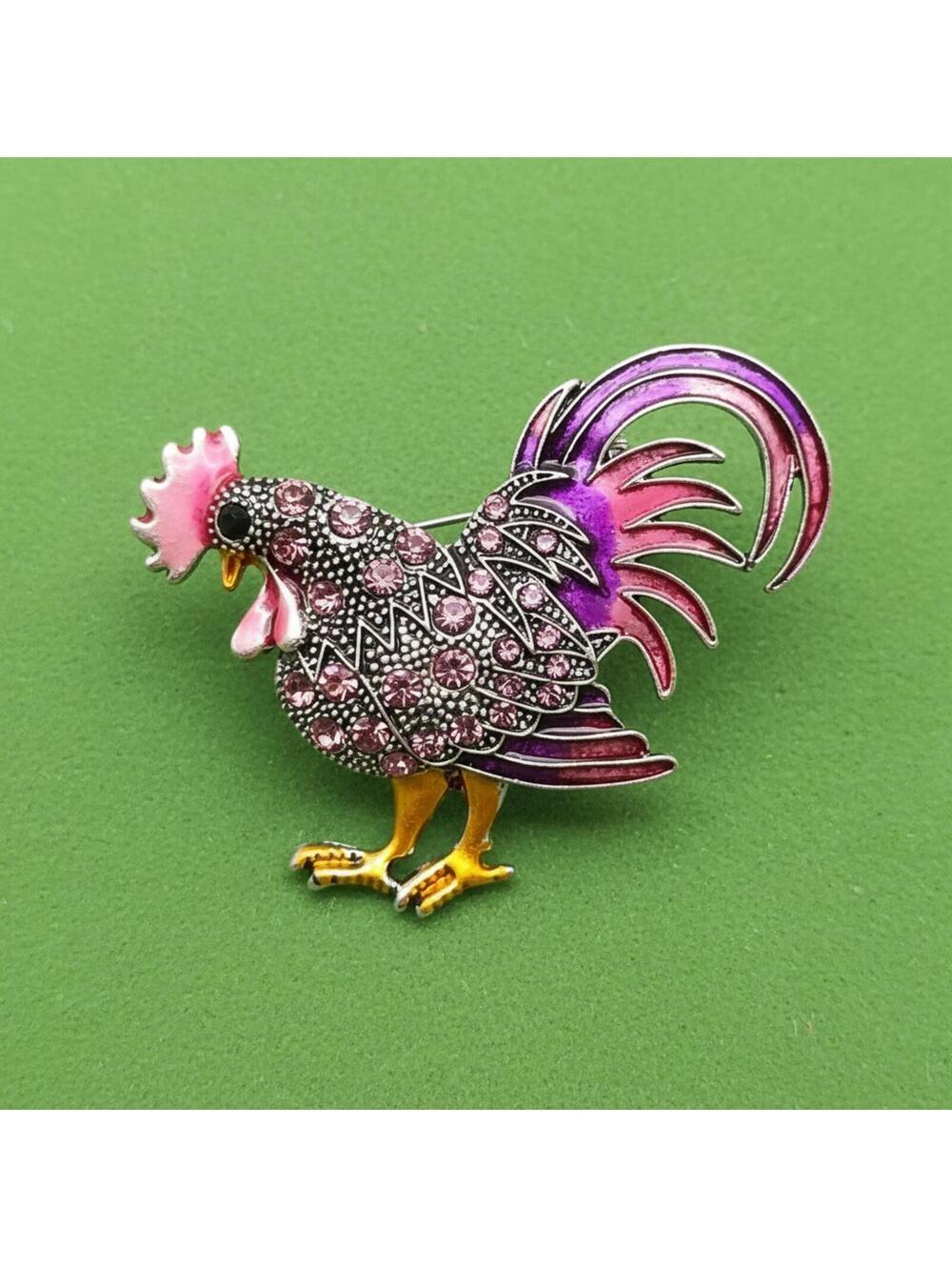 Decorative Rooster Brooch with Purple and Pink Enamel